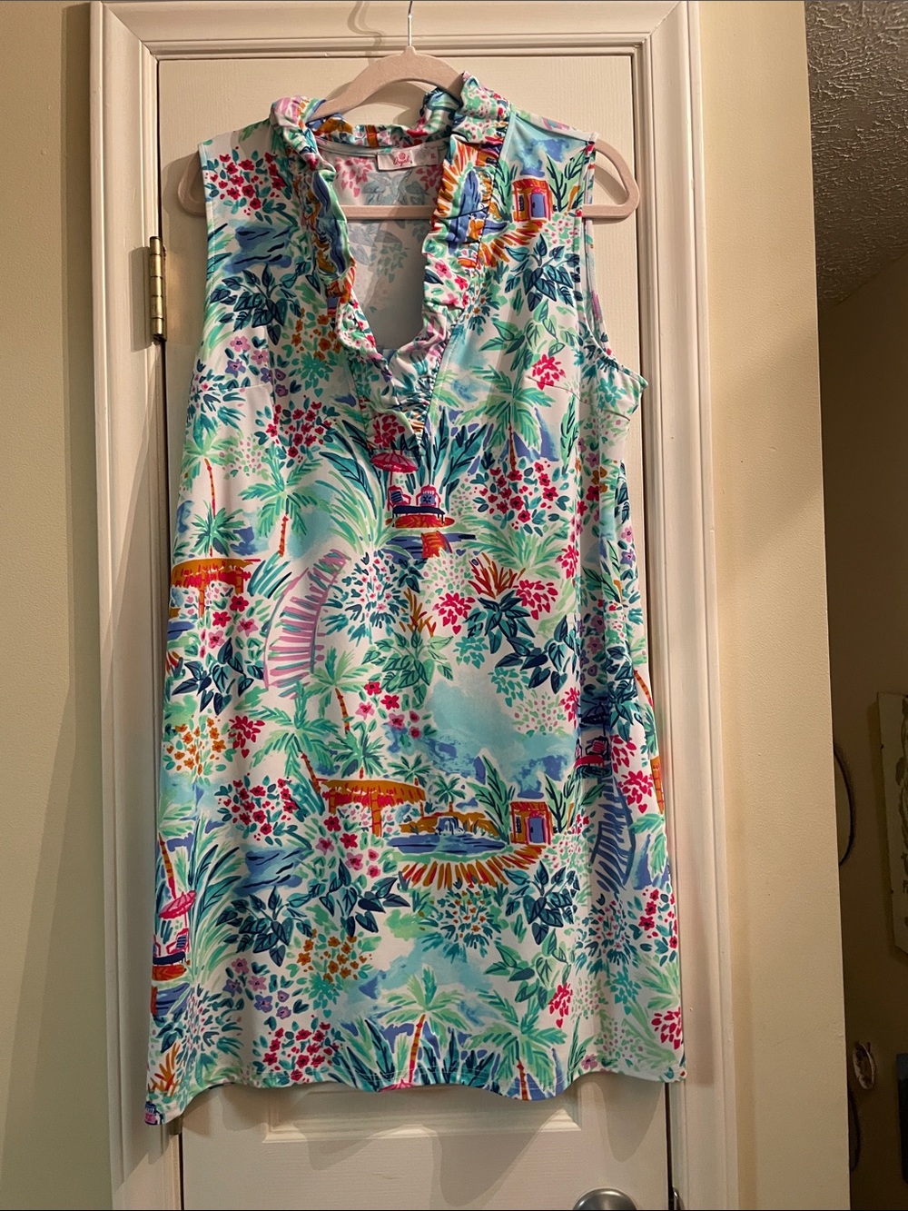 Aryeh Tropical Ruffle Neck Sleeveless Dress in Aqua & Multi